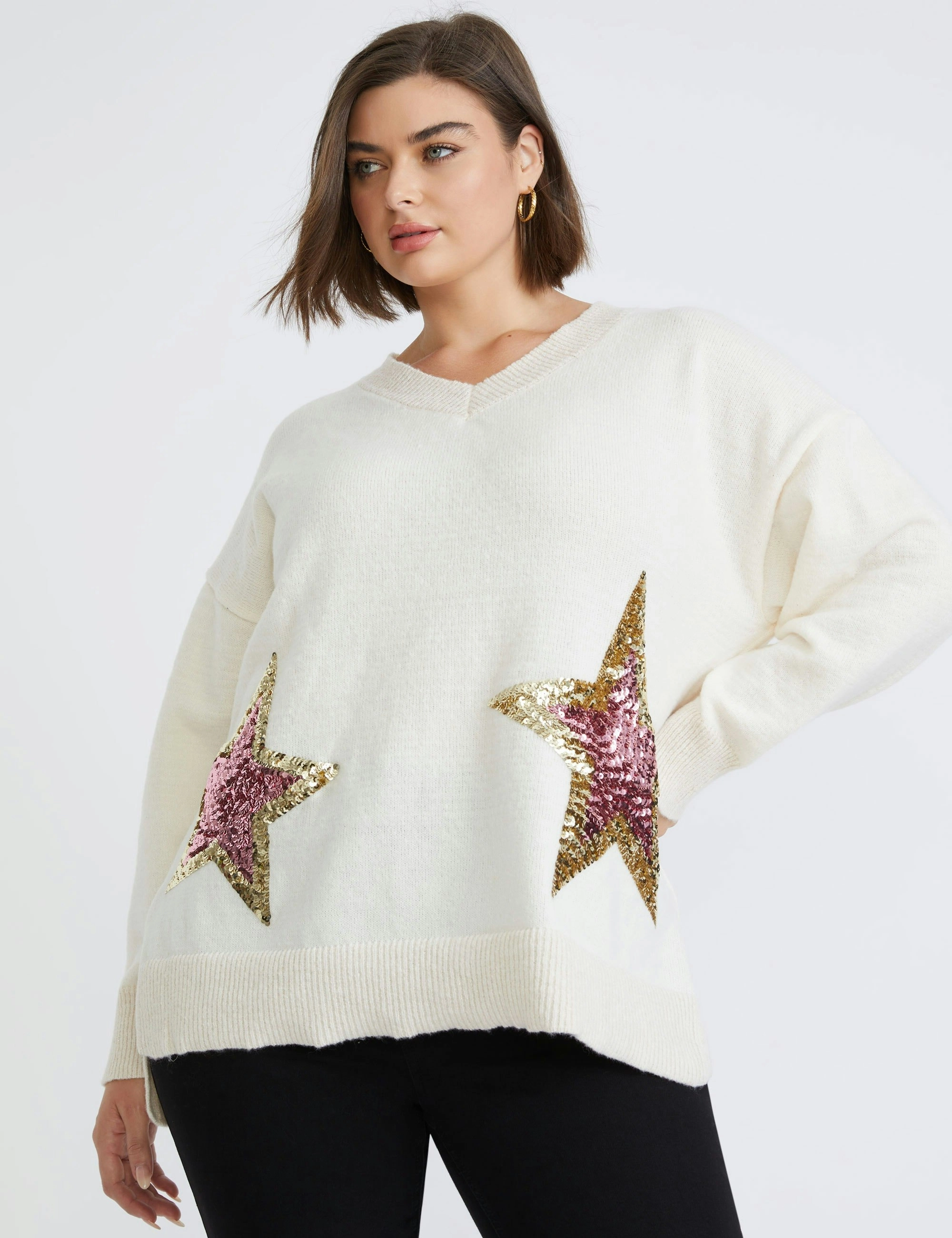 beme Long Sleeve True Knitwear Sequin Star Jumper (Cream)