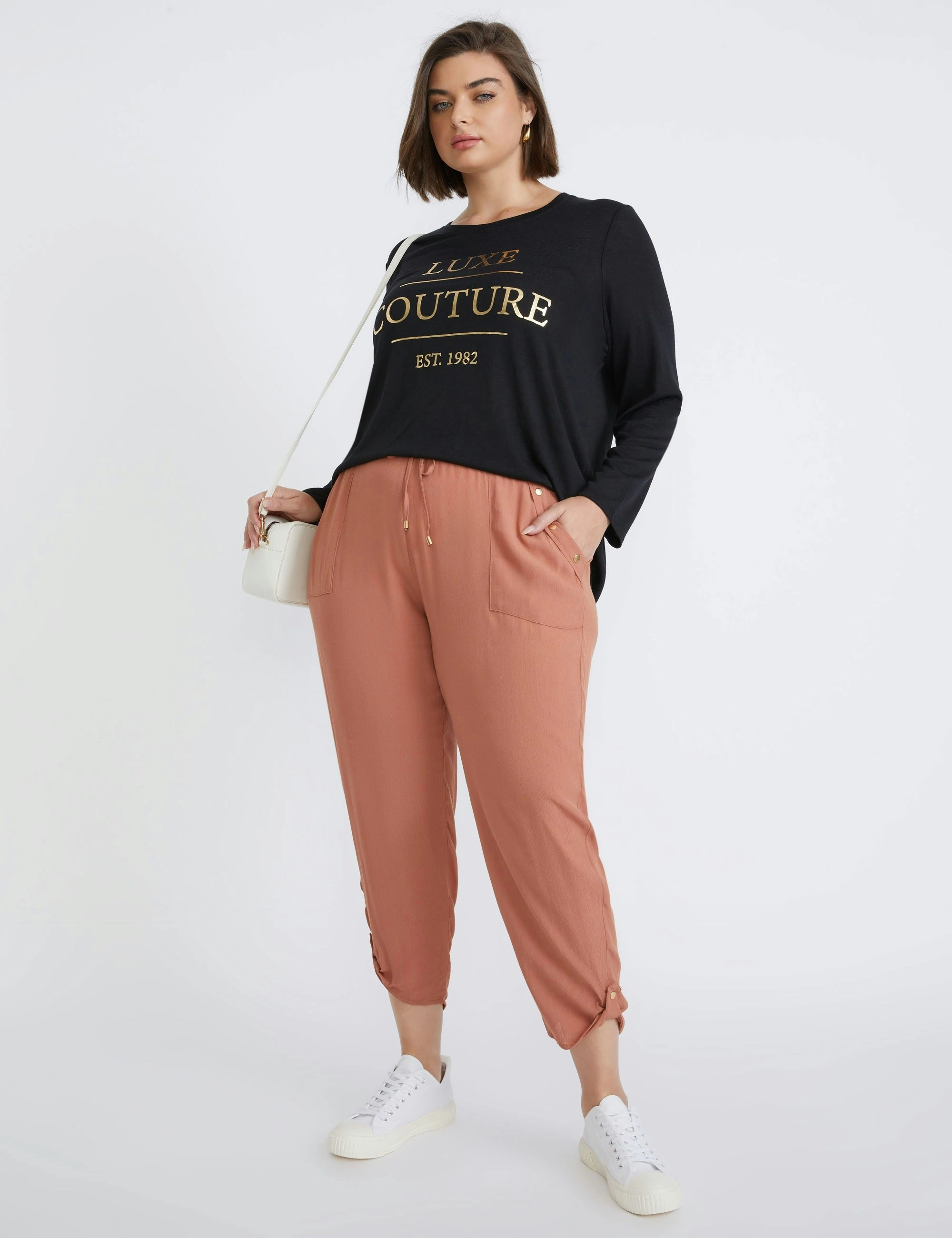 beme Crop Length Woven Stud Detail Pants (Dark Tan)