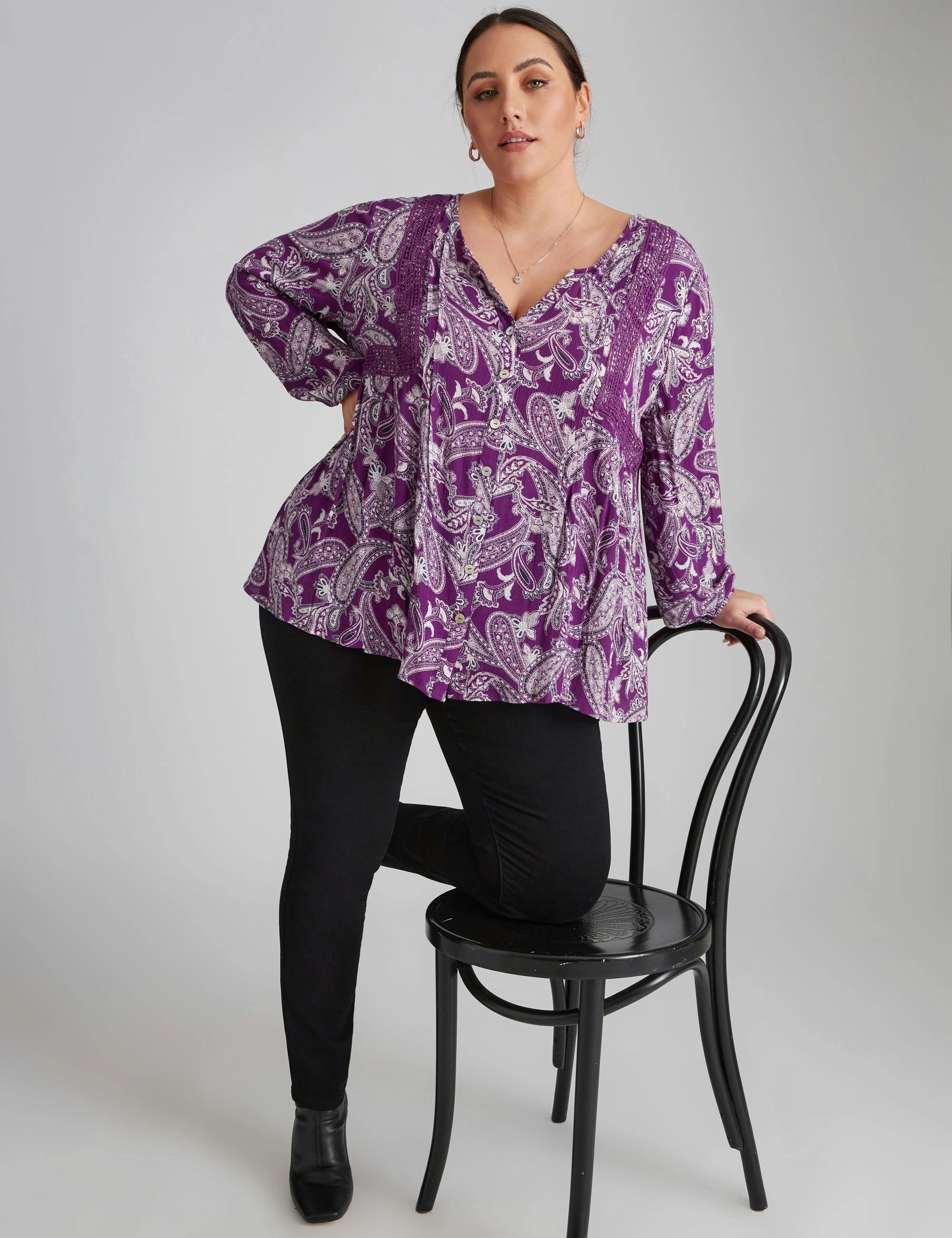 beme Long Sleeve Lace Insert Detail Button Thru Top (Purple Paisley)