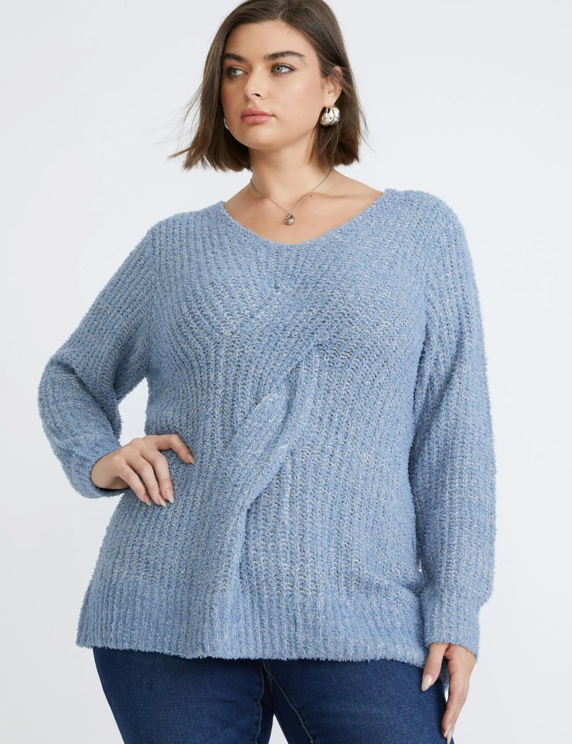 beme Long Sleeve V-Neck Chenille Jumper (Blue Marle)