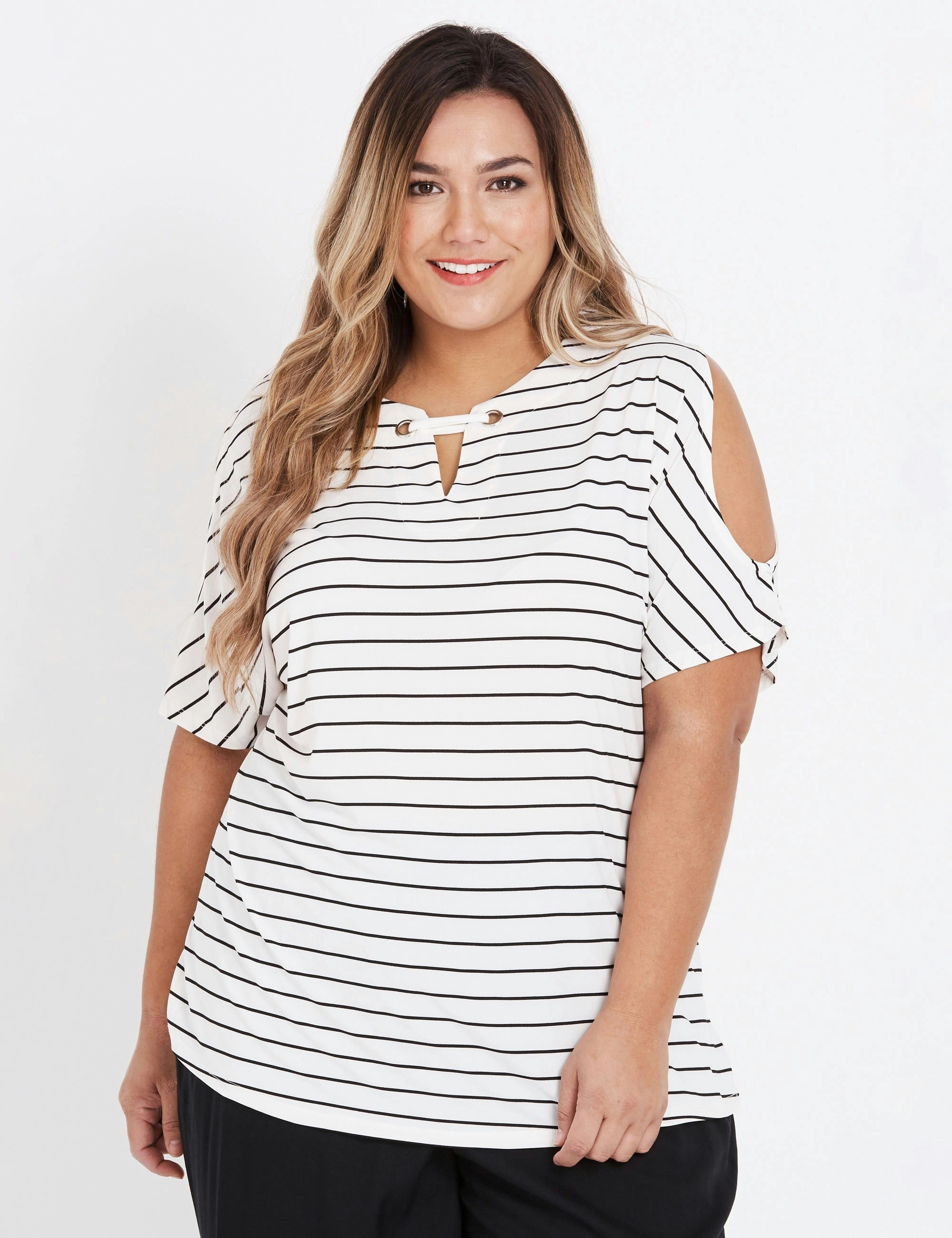 beme Short Eyelet Stripe Top (White/Black Stripe)