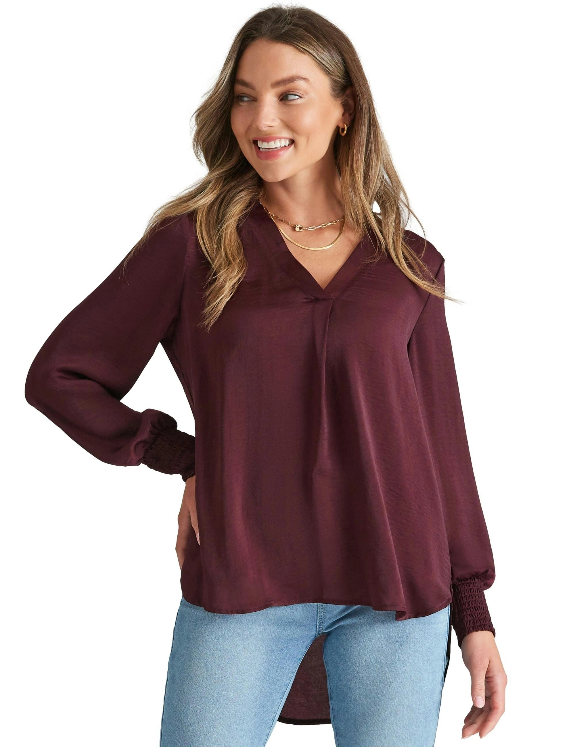 Rockmans Long Sleeve Woven V Neck Curved Hem Top (Burgundy)