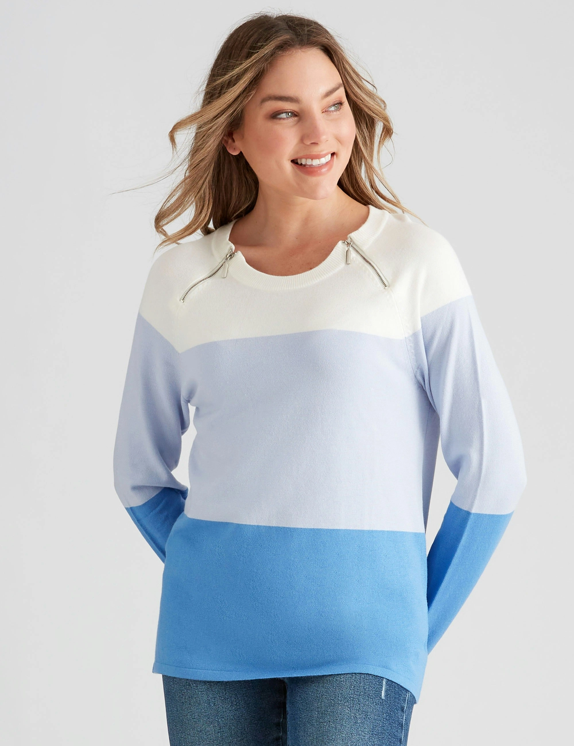 Rockmans Long Sleeve Colour Block Knitwear Top (Multi)