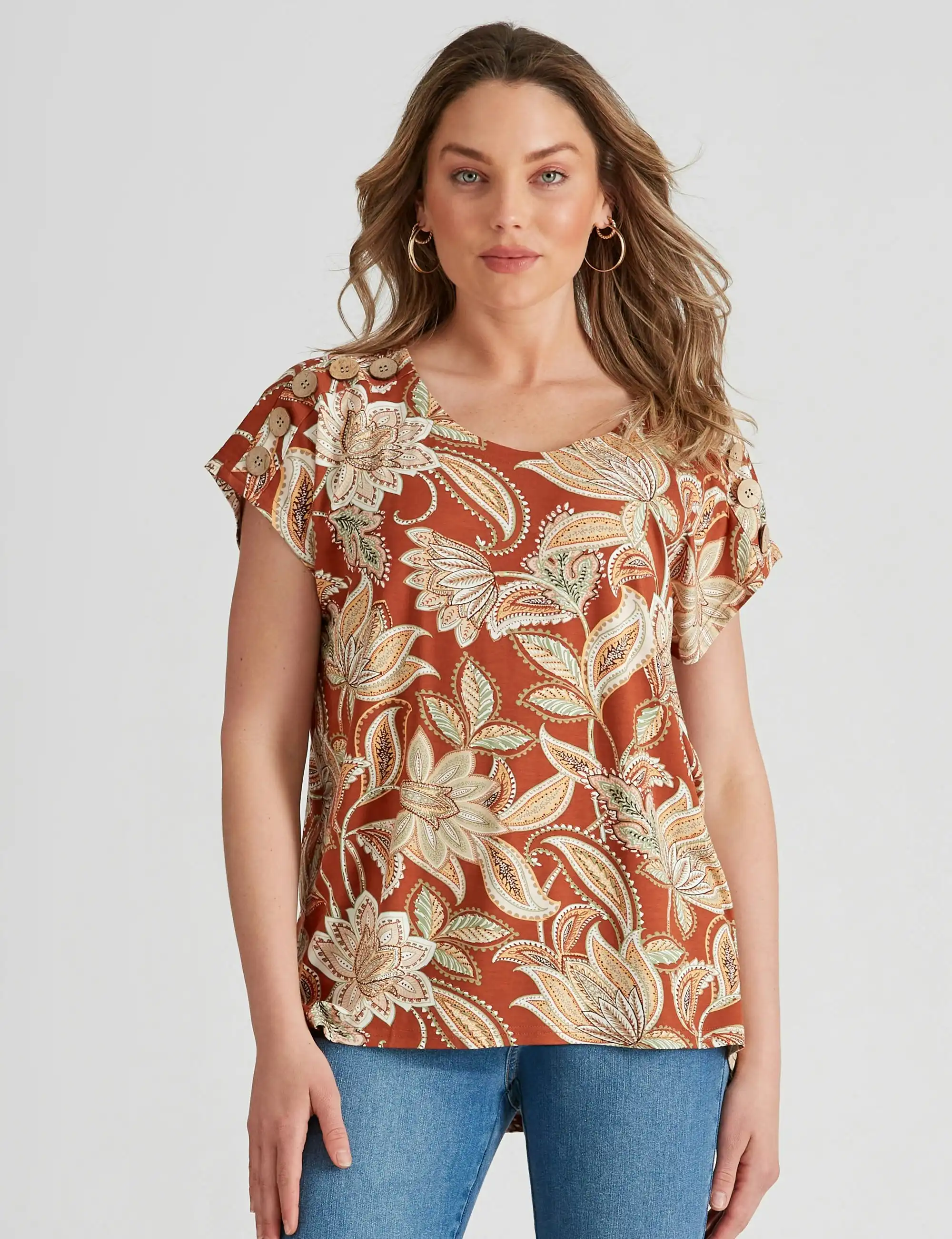 Rockmans Extended Sleeve Print Top (Maple Multi)
