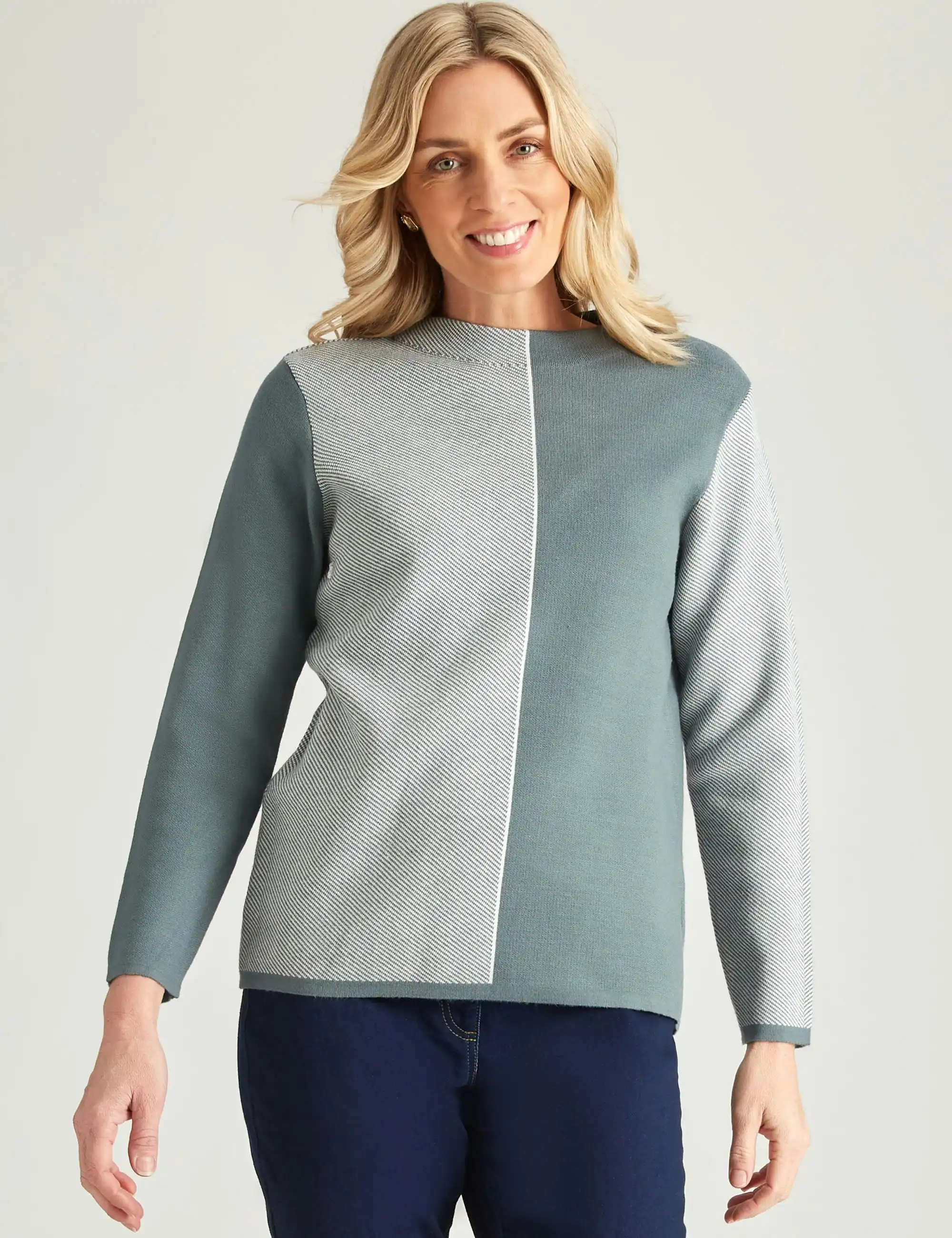 Noni B Stripe Colourblock Jumper (Dusty Olive)