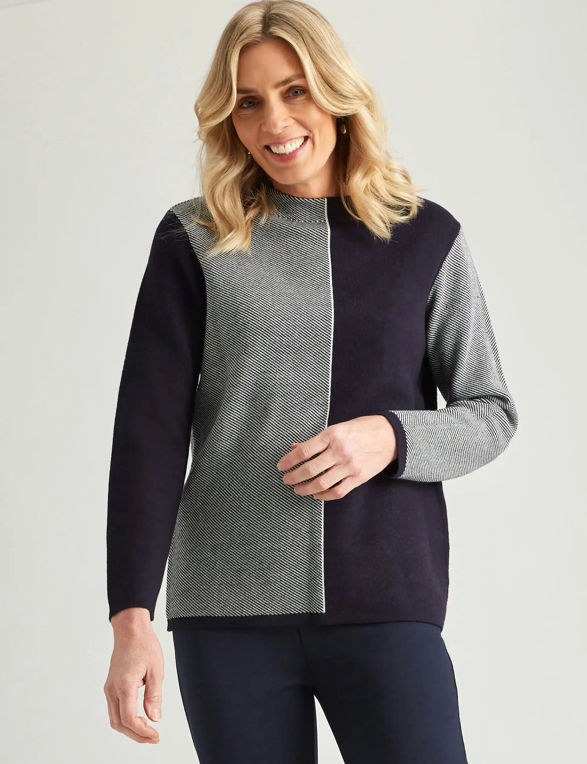 Noni B Stripe Colour Block Jumper (Navy Blazer)