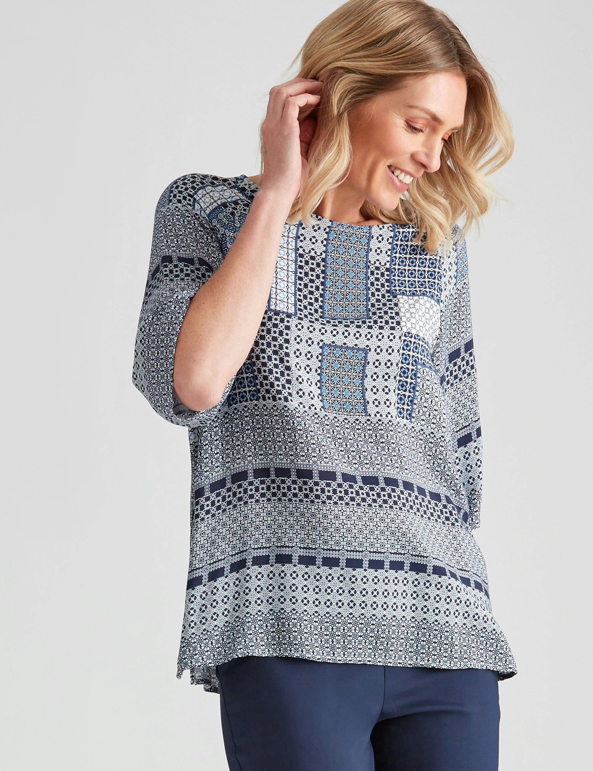 Noni B Raglan Sleeve Print Top (Evening Blue)