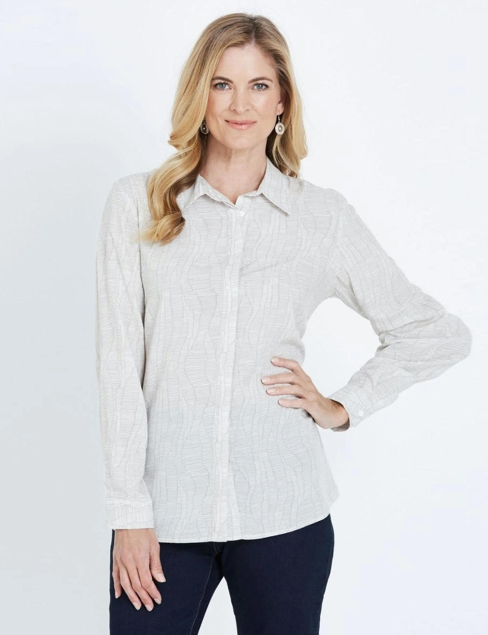 Noni B Long Sleeve Concealed Placket Print Shirt (Clay)