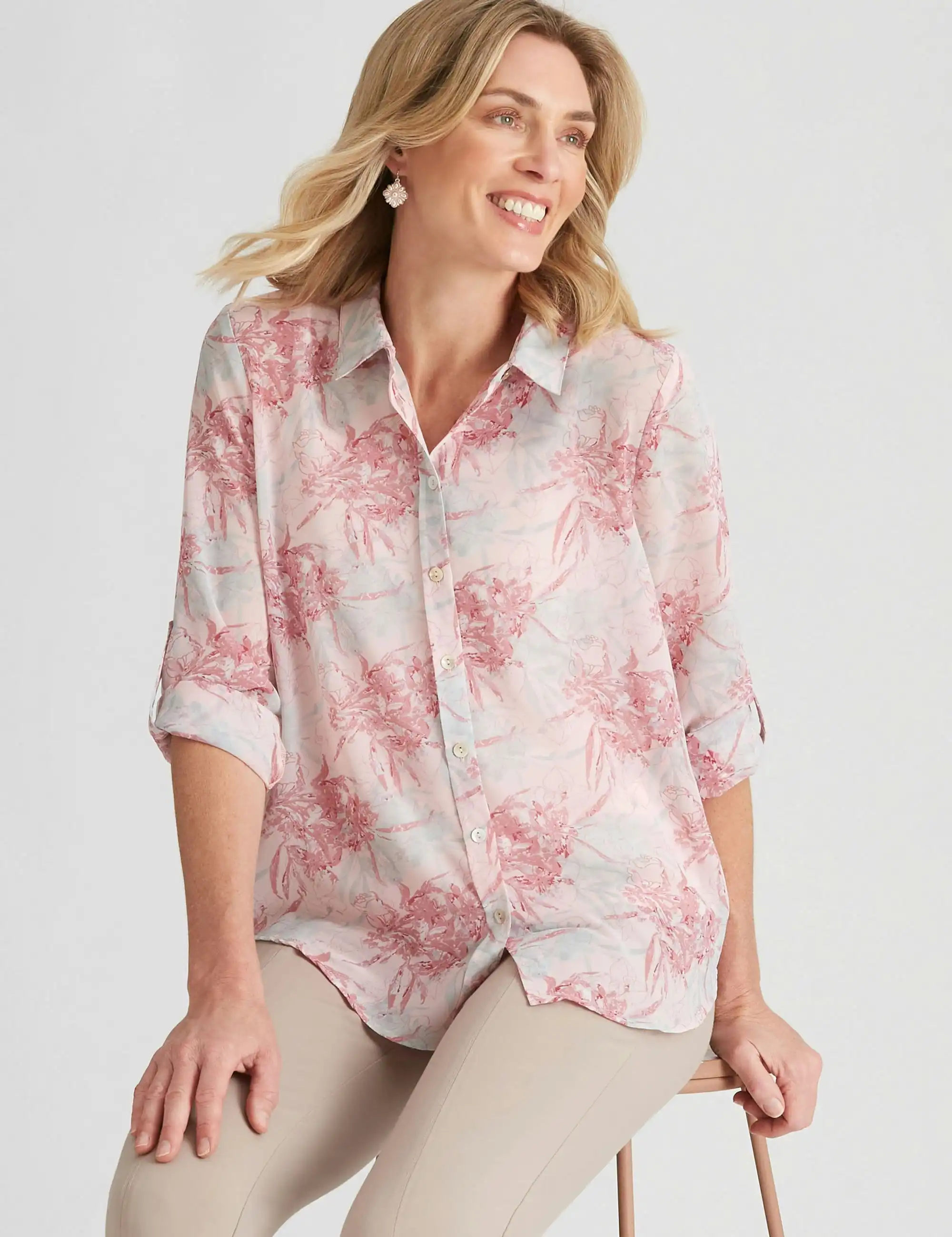 Noni B Floral Print Chiffon Shirt (Pink Dogwood)