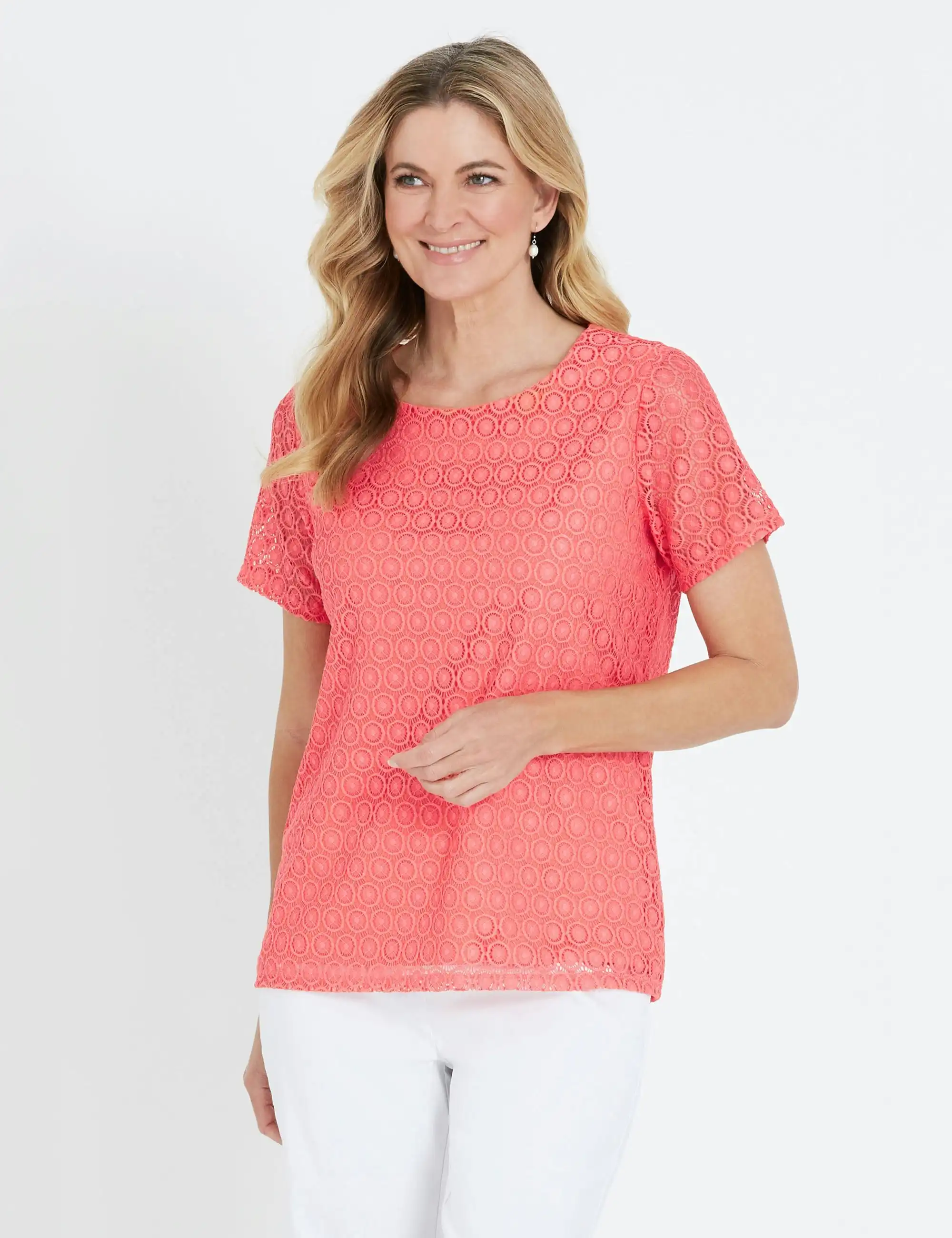Noni B Short Sleeve Floral Lace Top (Calypso Coral)