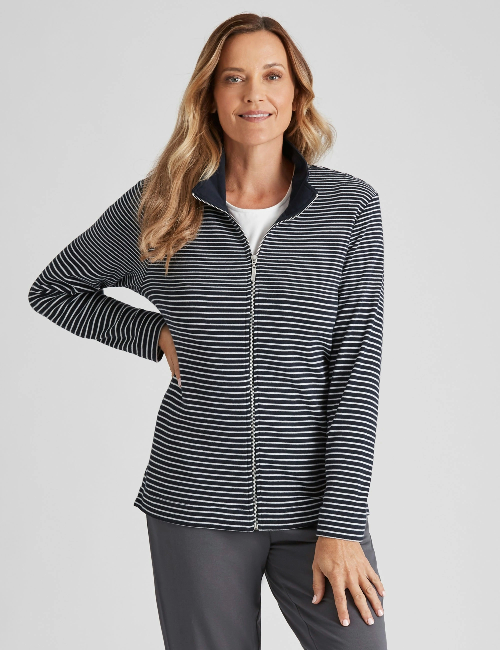 Millers Long Sleeve Stripe Zipped Through Jacket (Navy Stripe)