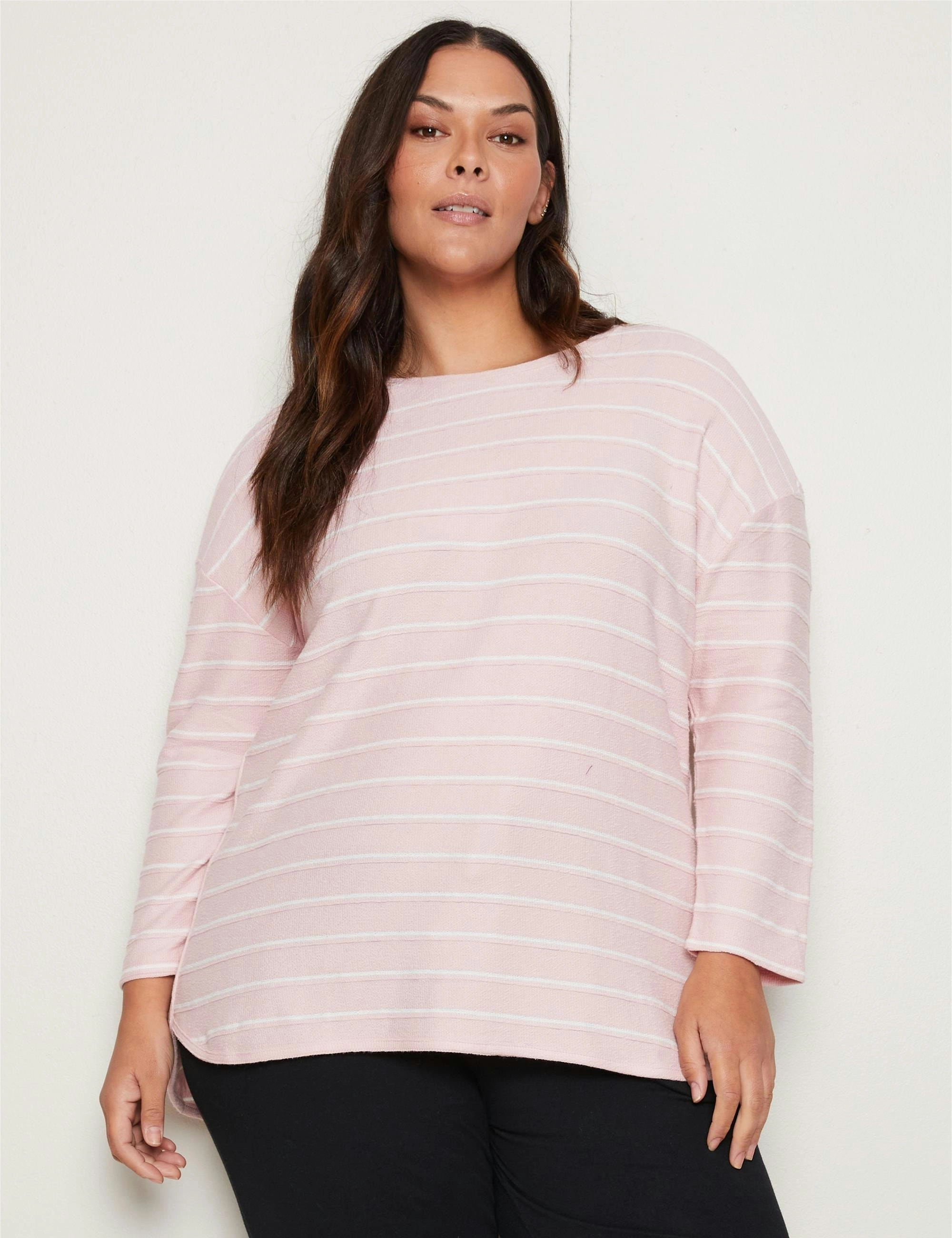 Autograph Knitwear Curved Hem Long Sleeve Stripe Top (White/Pink Stripe)