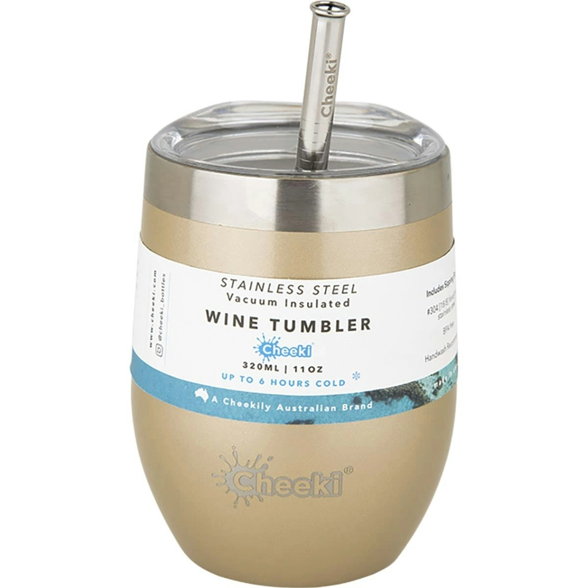 Cheeki Insulated Wine Tumbler Soft Gold - With S/steel Straw 320ml