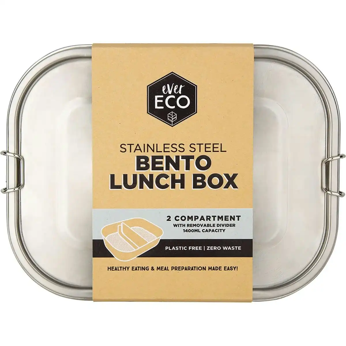 Ever Eco Stainless Steel Bento Lunch Box 2 Compartment With Removable Divider 1400ml