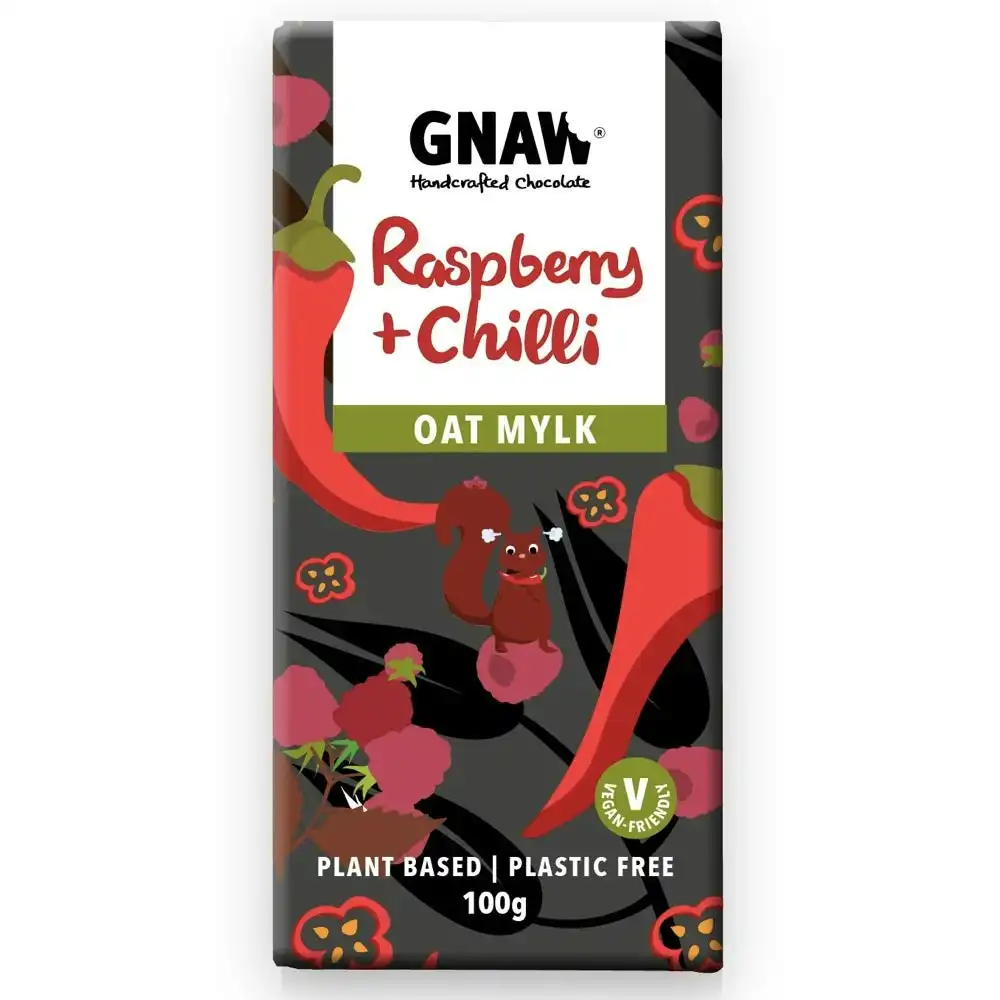 GNAW CHOCOLATE Handcrafted Oat Mi!lk Chocolate Raspberry + Chilli 100g 12PK