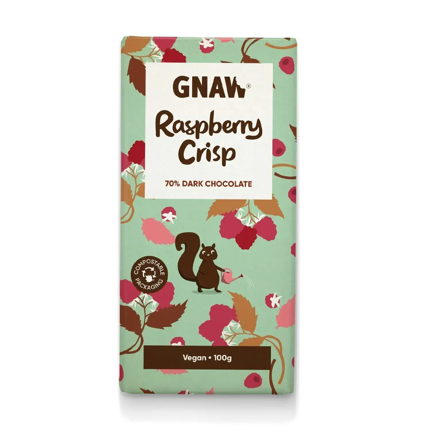 GNAW CHOCOLATE Handcrafted Dark Chocolate 70% Raspberry Crisp 100g 12PK