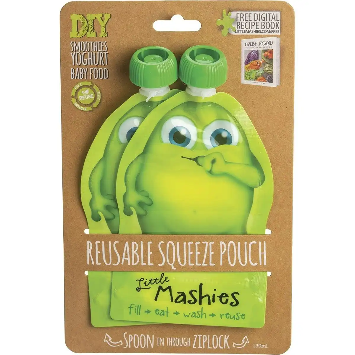 Little Mashies Reusable Squeeze Pouch Pack Of 2 - Green 2x130ml