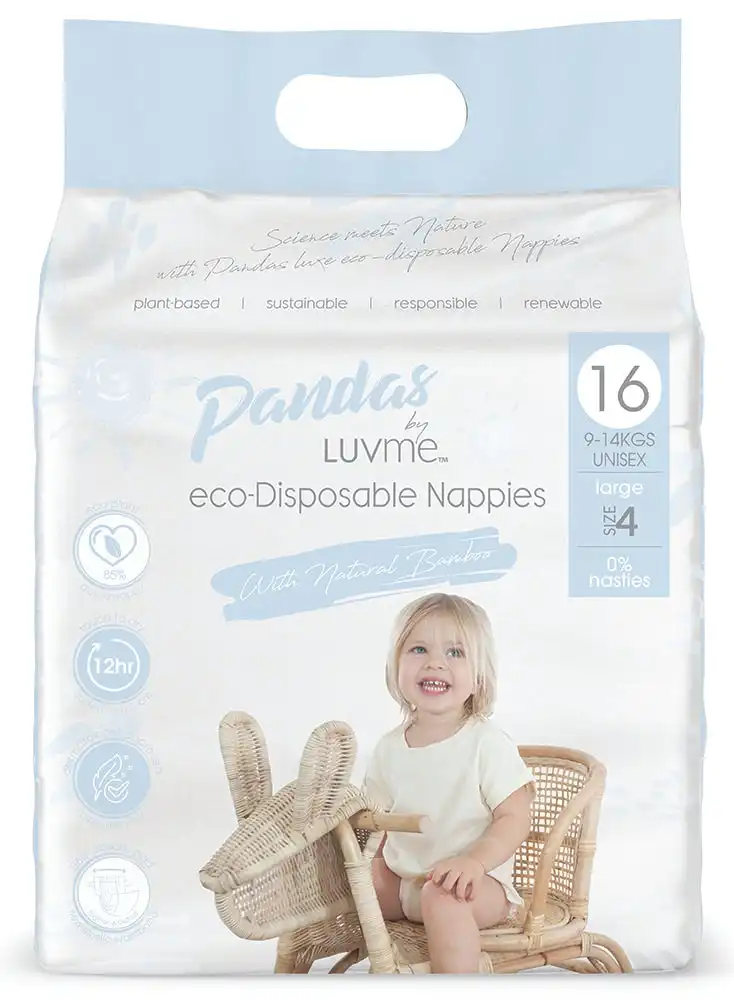 Pandas by Luvme ECO Disposable Nappies Large (9-14kg)16 Pk (Pack of 4)