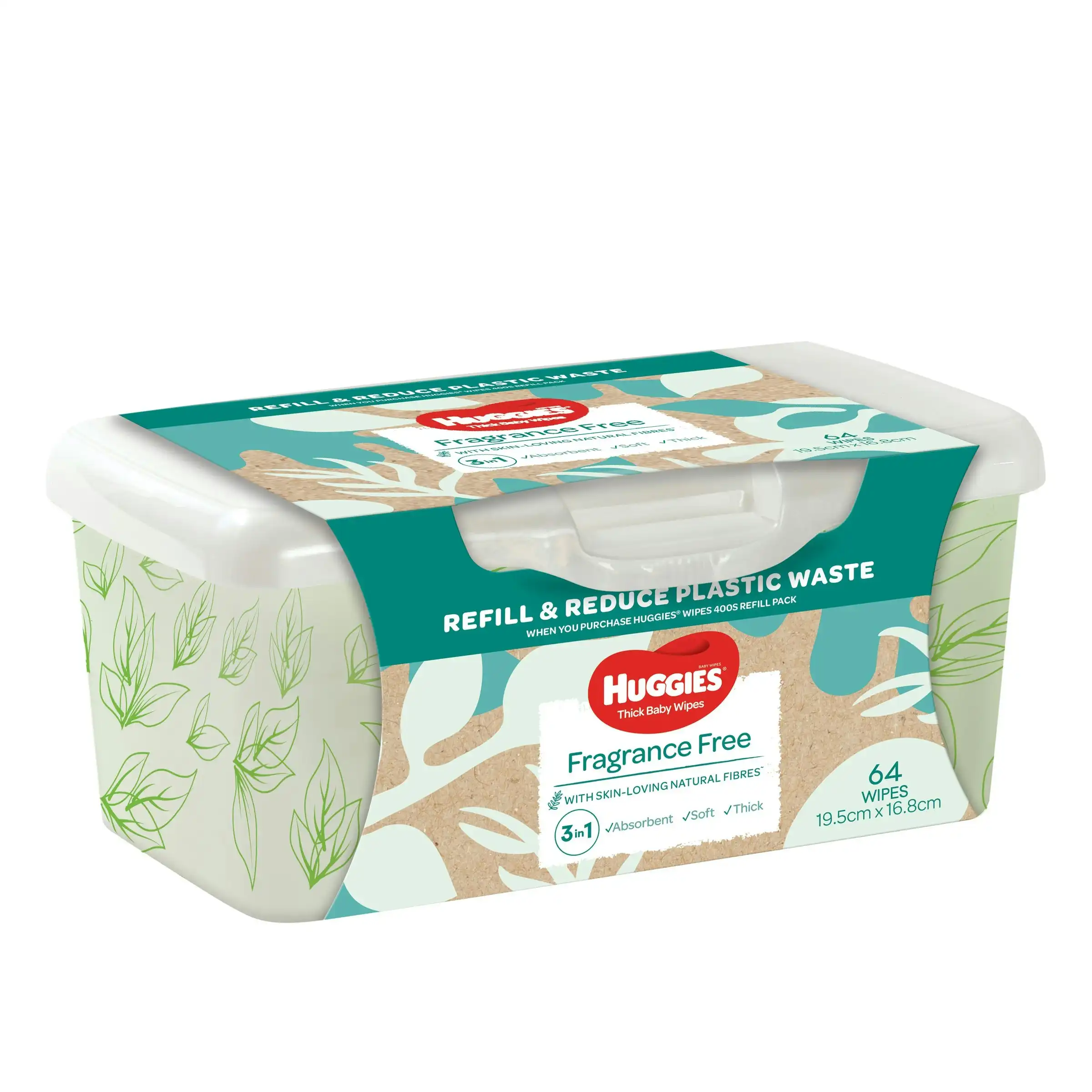 Huggies Thick Baby Wipes Fragrance Free Refillable Tub 64 Pack