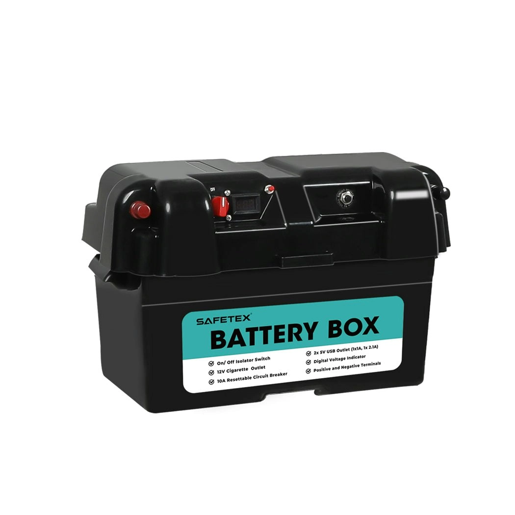 Safetex 12V AGM Battery Box USB Port Solar Caravan Camping 4WD Off-grid Charge