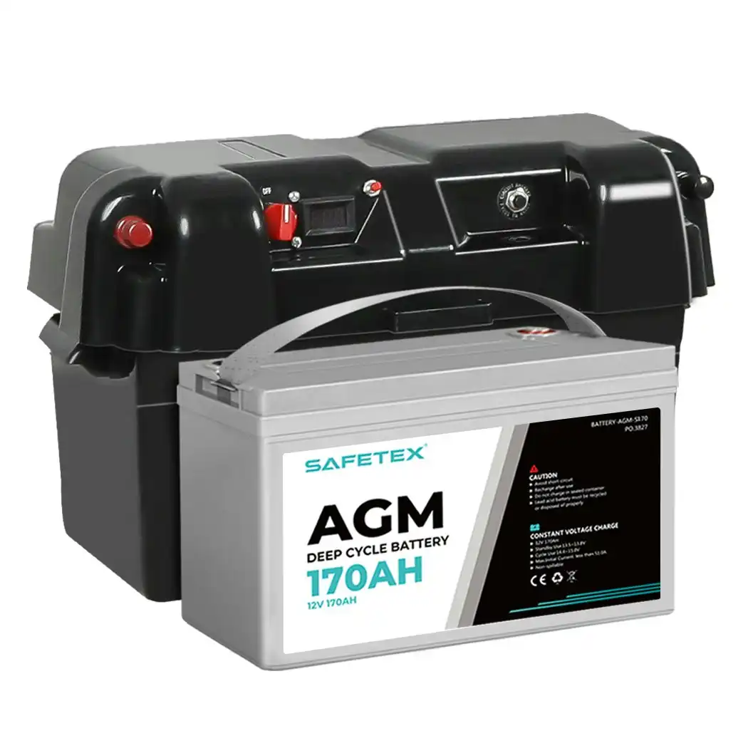 12V 170Ah AGM Battery Deep Cycle with Battery Box Dual USB Caravan Camping Solar