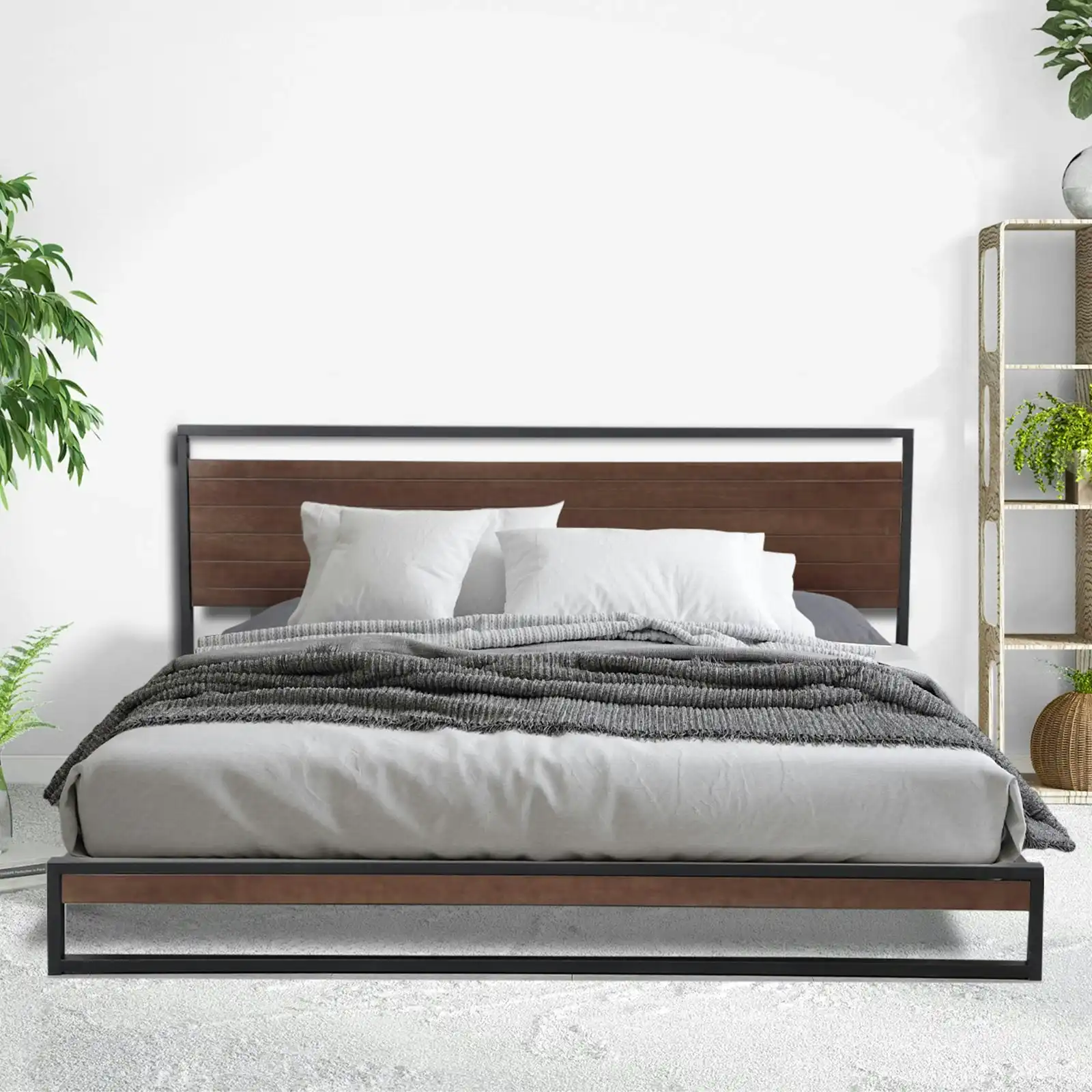 Milano Decor Azure Bed Frame With Headboard Black Wood Steel Platform Bed