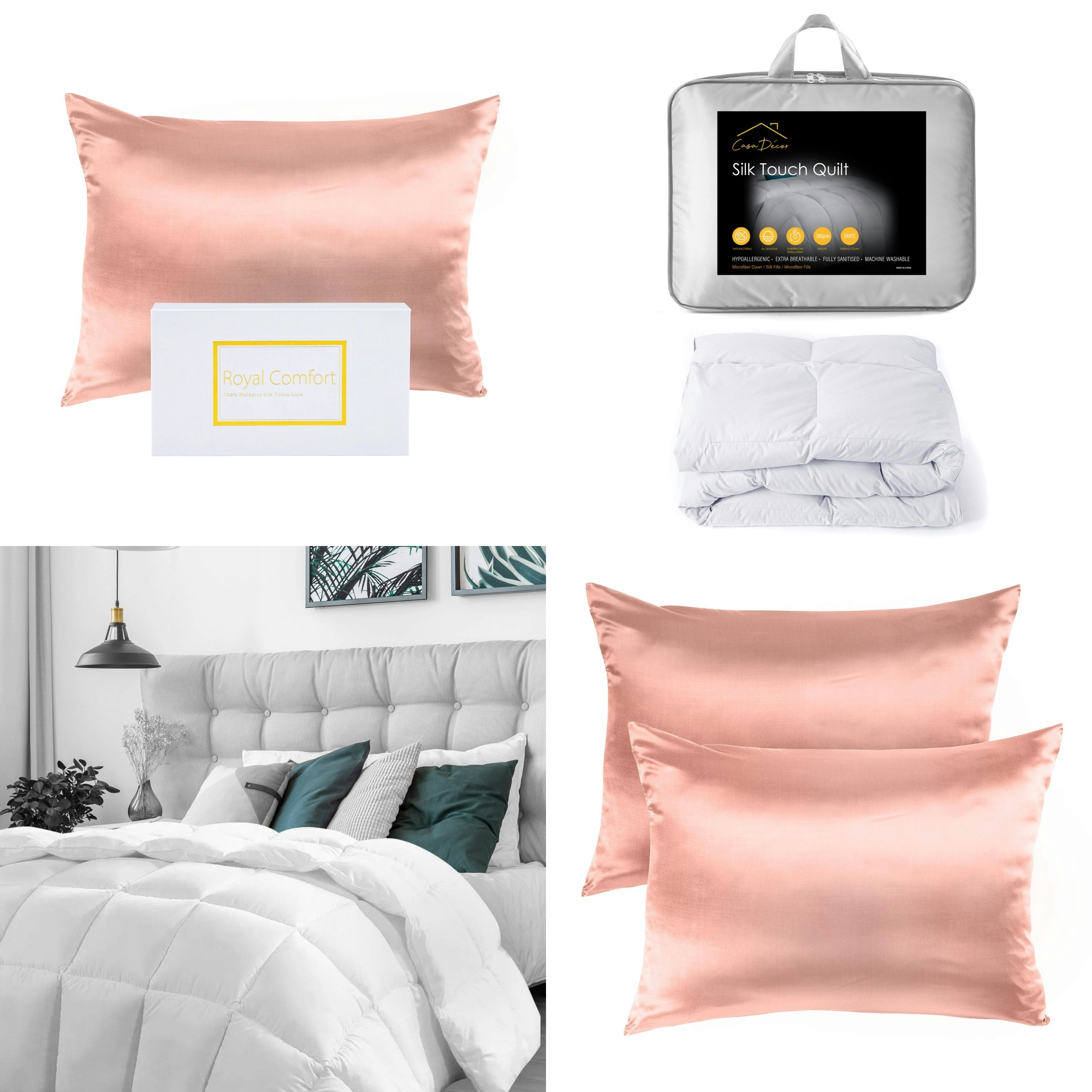 Silk Pillowcase Pack Blush And 360GSM Silk Touch Quilt Queen Bundle