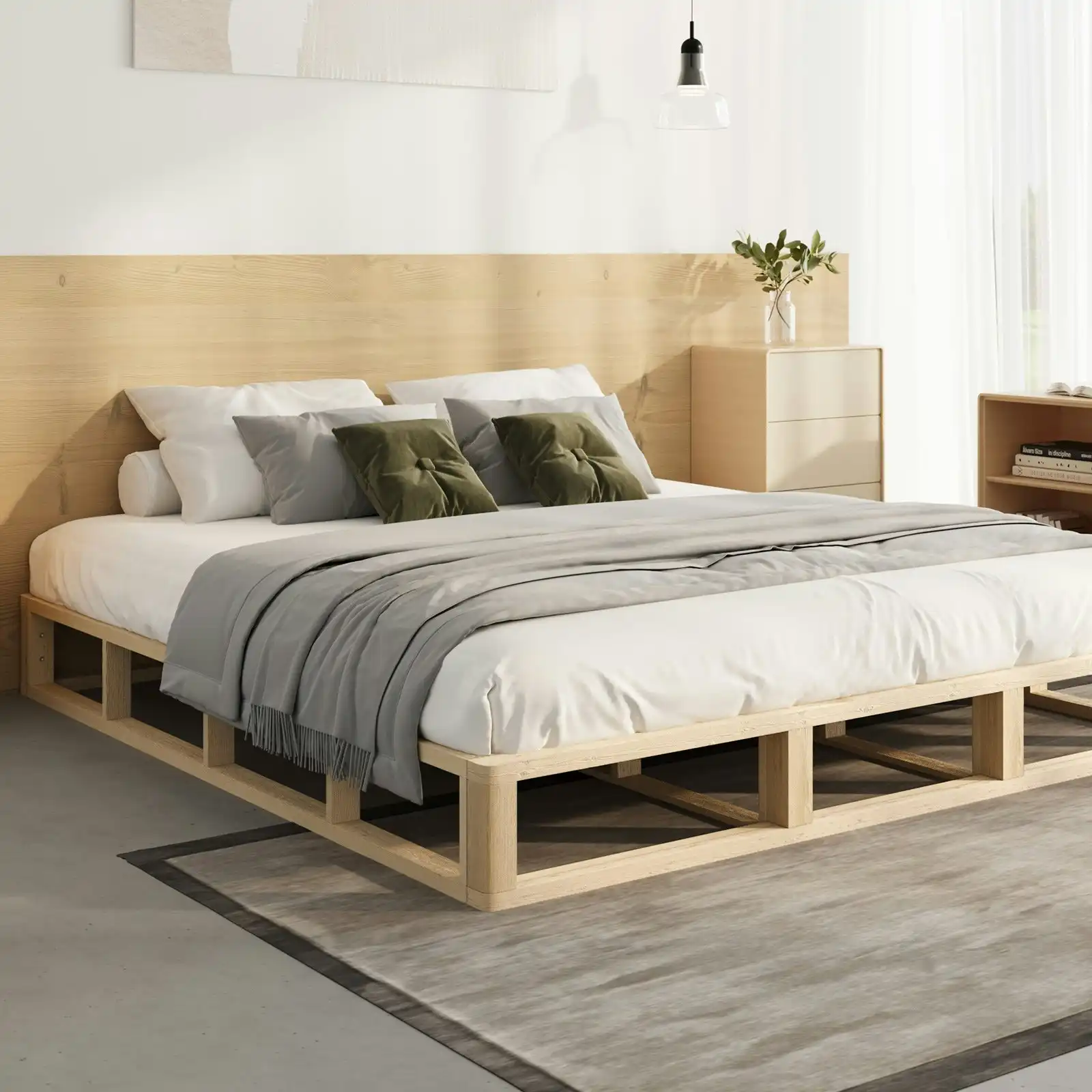 Oikiture Bed Frame King Size Bed Base Wooden Platform Cage-like Base