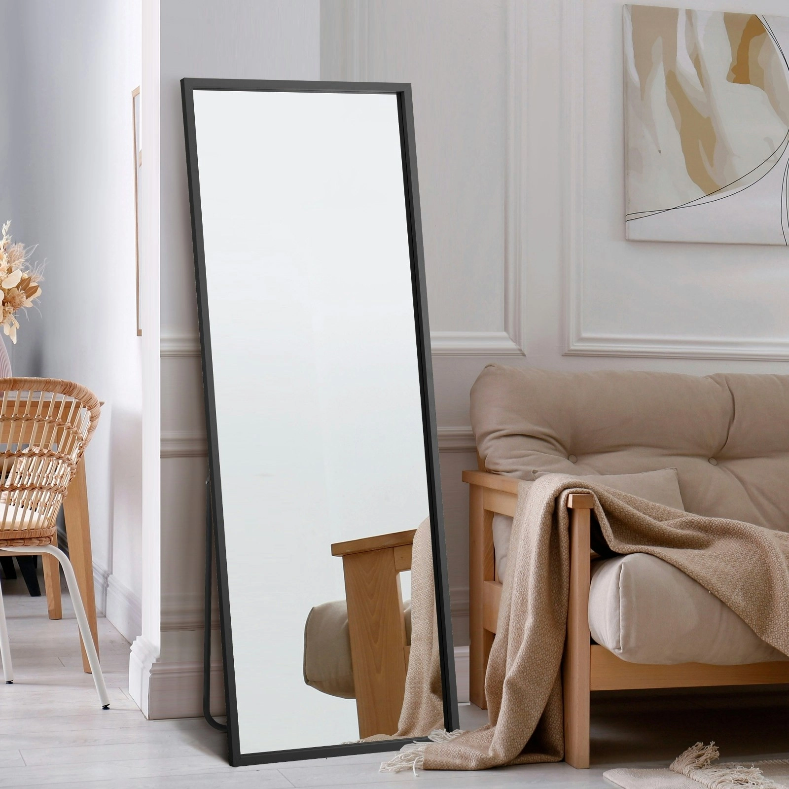 Oikiture Wooden 166x60cm Full Length Mirror Rectangle Floor Mirrors Free Standing Black