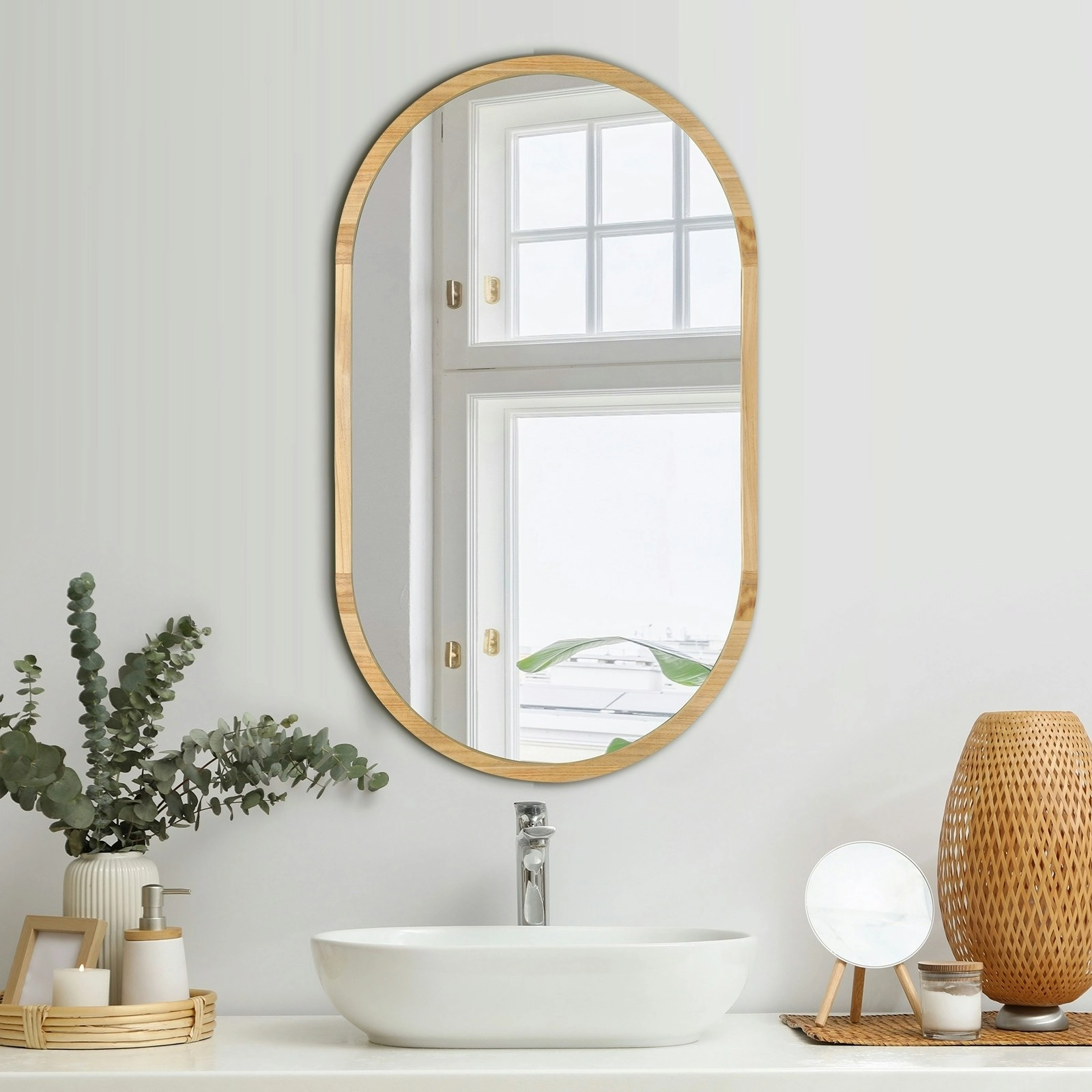 Oikiture Wall Mirrors Oval Makeup Mirror Home Decor Wooden 84x50cm