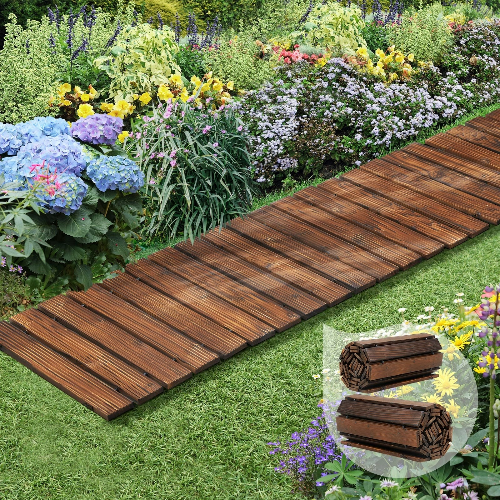 Livsip 2PC Garden Wooden Pathway 8ft Roll-Out Straight Wood Walkway Backyard