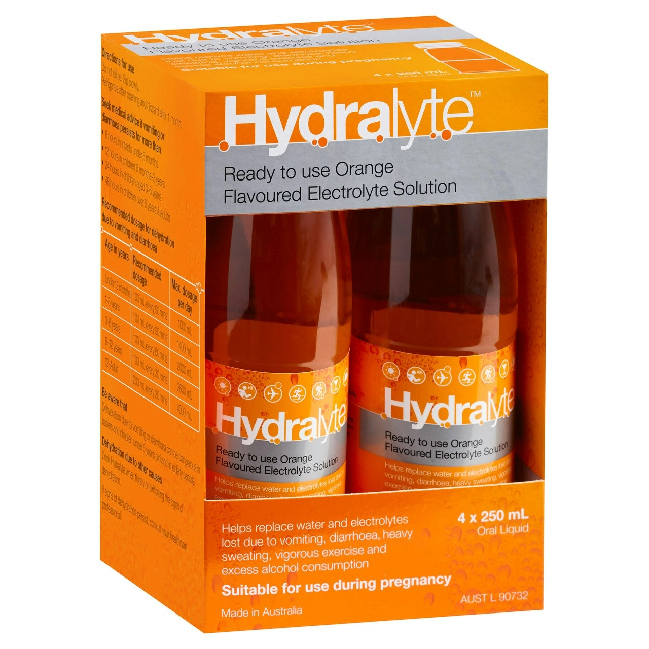 Hydralyte Ready To Use Orange Flavoured Electrolyte Solution 4 x 250ml