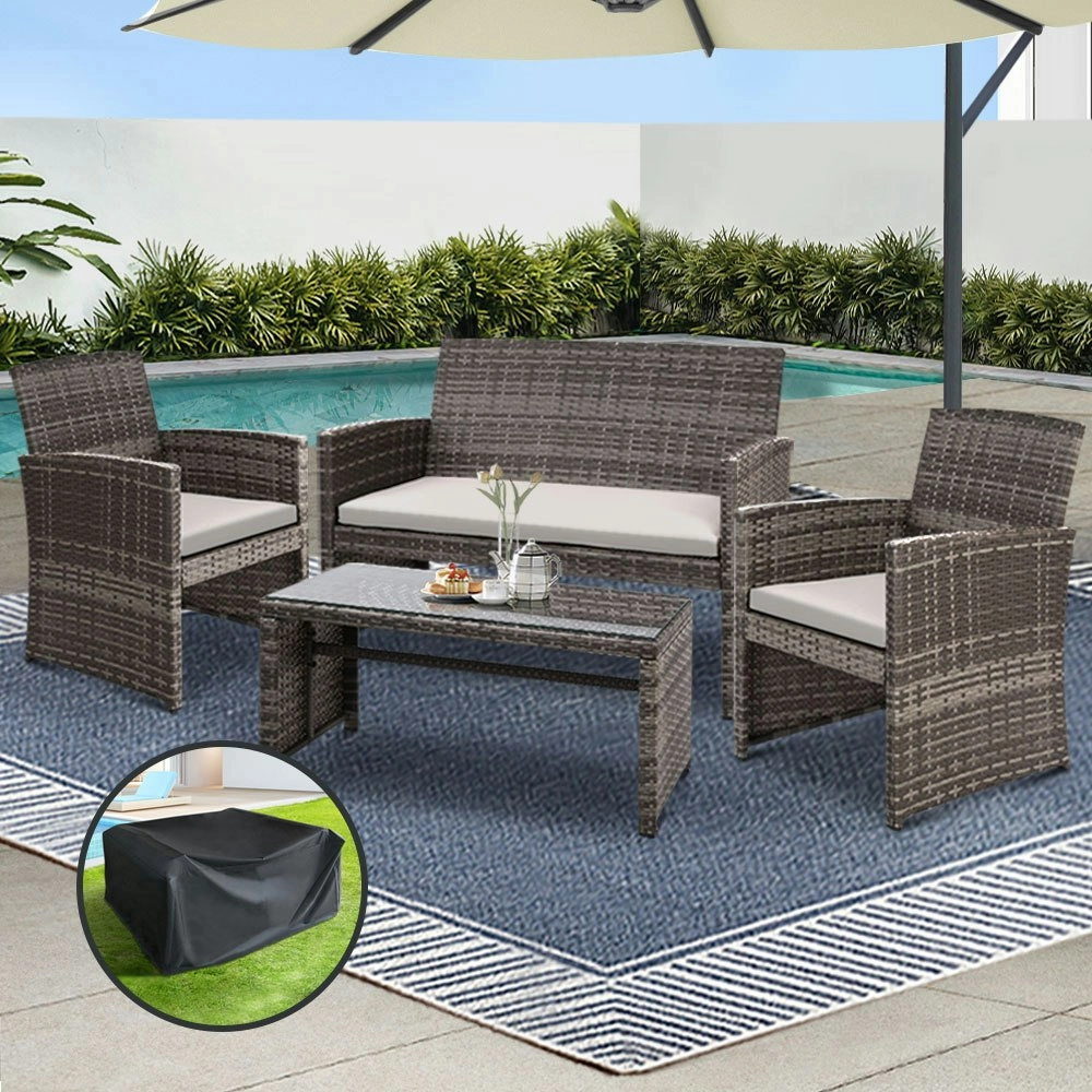 Gardeon 4 PCS Outdoor Sofa Set with Storage Cover Rattan Chair Furniture Grey