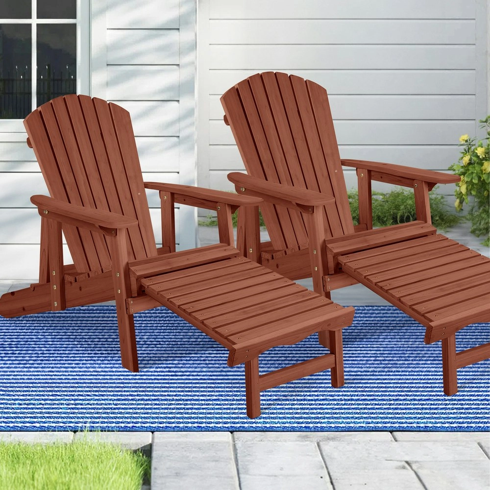 Alfordson 2x Outdoor Chairs Wooden Adirondack w/ Ottoman Patio Beach Garden Brown