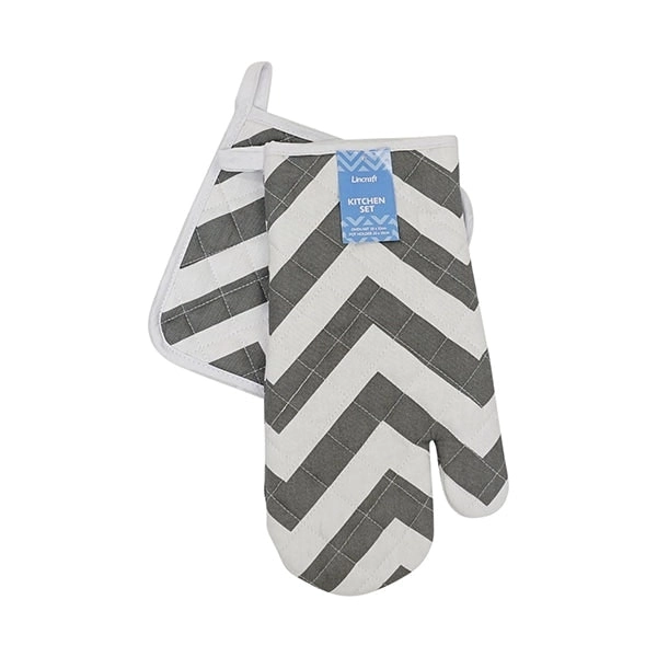 Oven Mitt and Pot Holder Set, Grey- Chevron