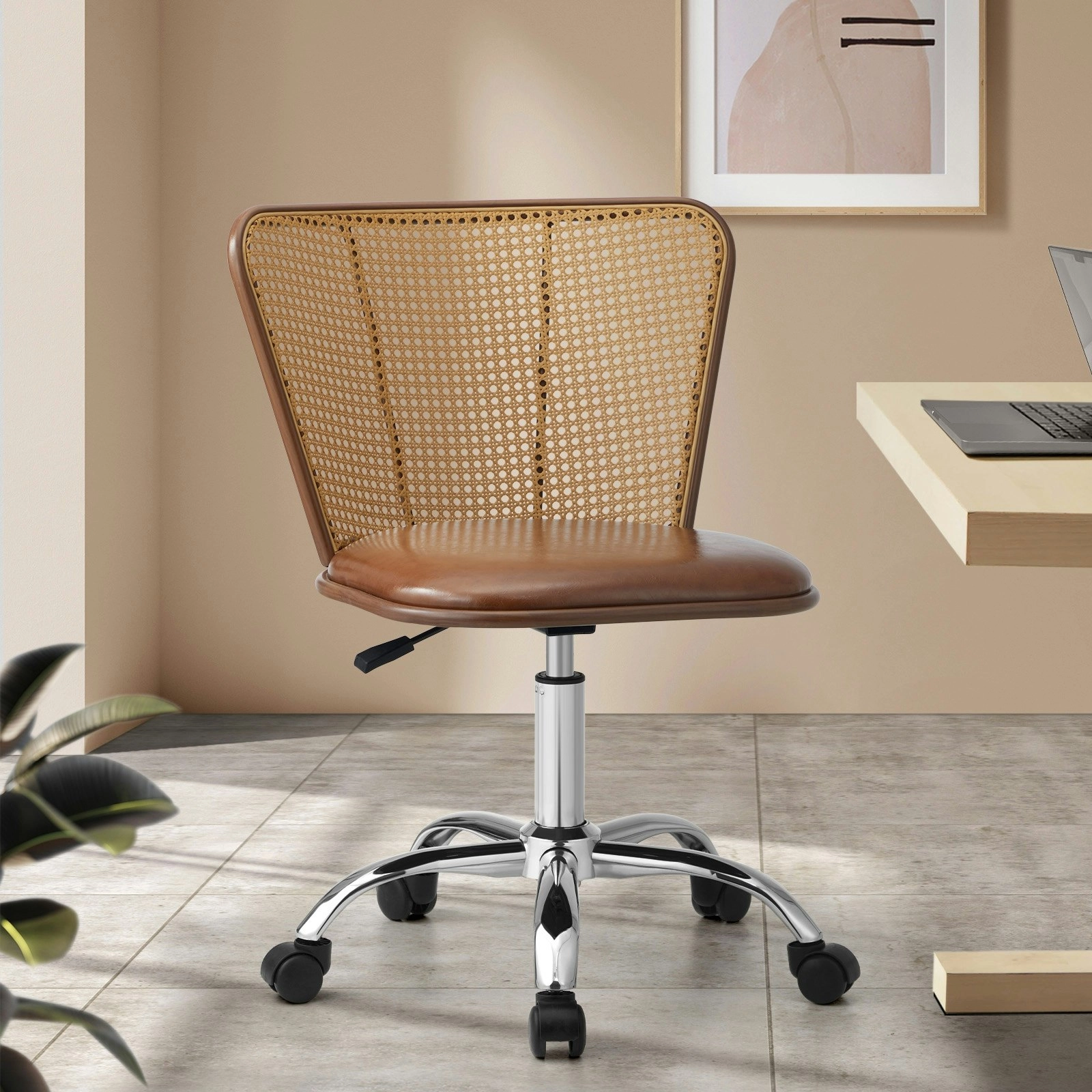 Oikiture Office Chair Executive Rattan Computer Chairs PU Leather Seat Brown