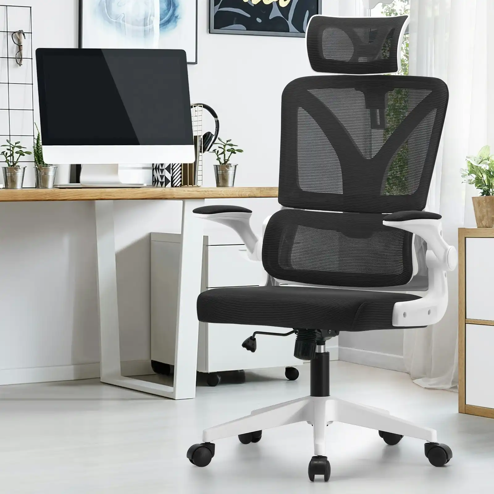 Oikiture Mesh Office Chair Adjustable Lumbar Support Reclining D-Shape White&Black