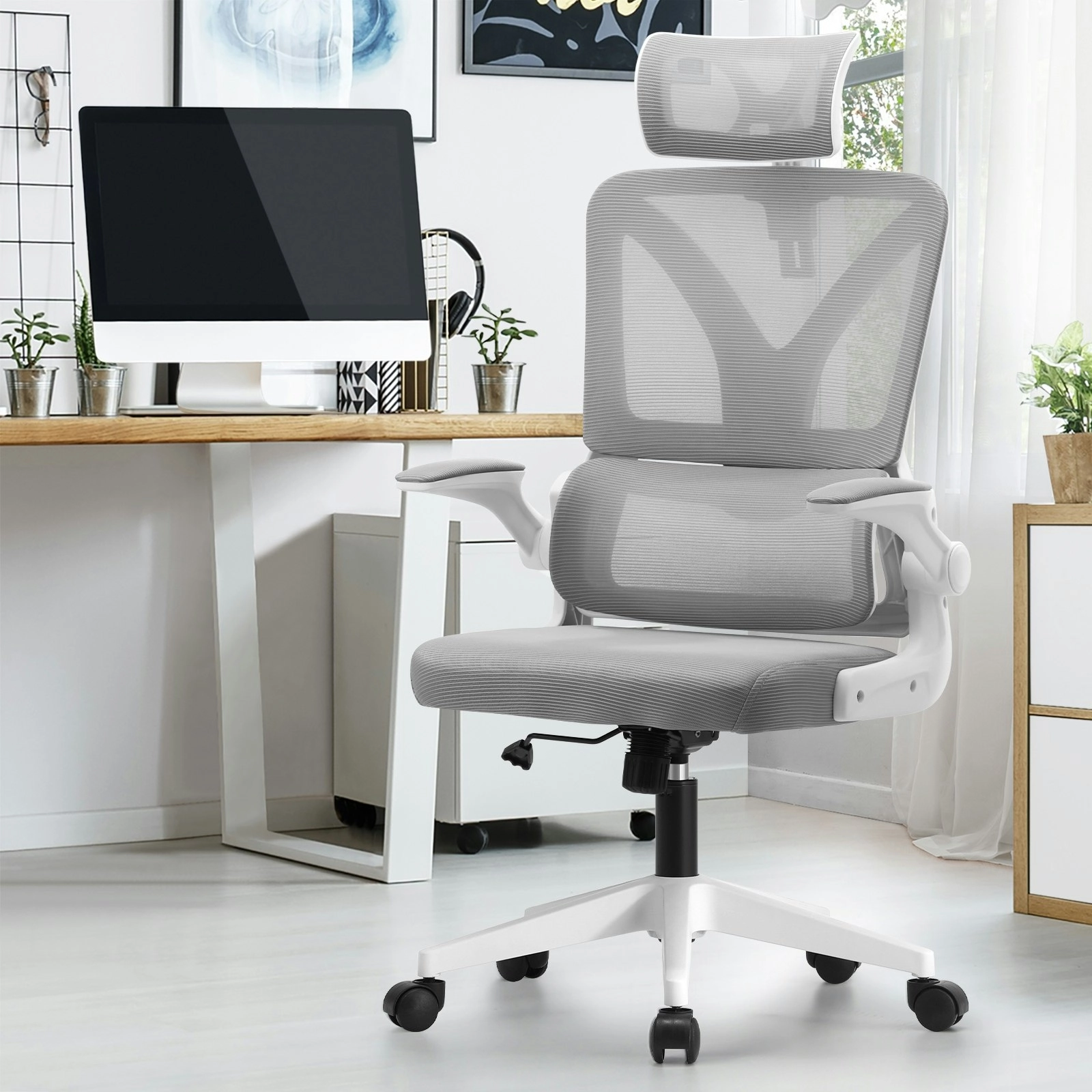 Oikiture Mesh Office Chair Adjustable Lumbar Support Reclining D-Shape White