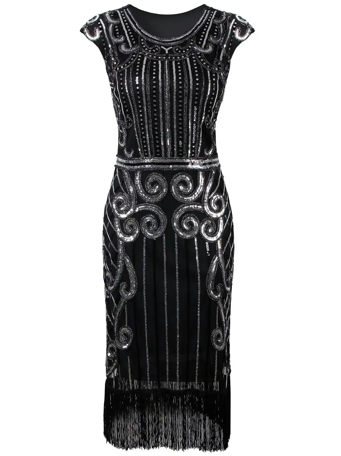 Deluxe Sequins Black Silver Flapper Womens Costume