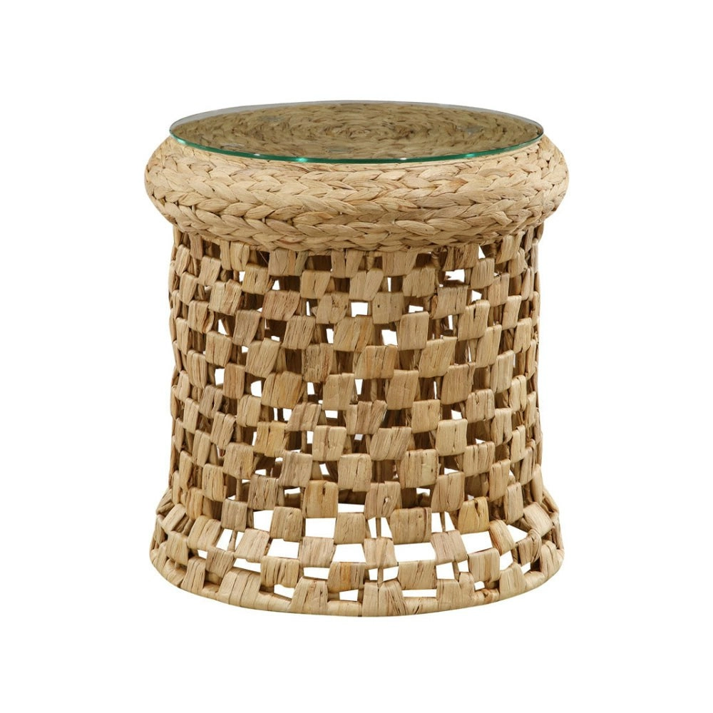 Design Square Lucy Woven Round Slim End Lamp Side Table Glass Top Metal Frame Natural