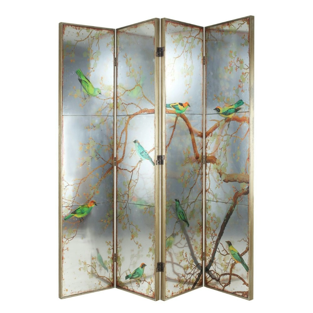 Exotic Oriental Melodies Mirror Bird 4 Panels Room Divider Dressing Screen