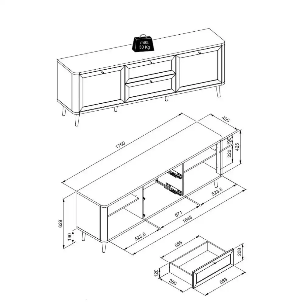 Design Square Cliff Lowline Wooden TV Stand Entertainment Unit 2-Doors 2-Drawers Oak