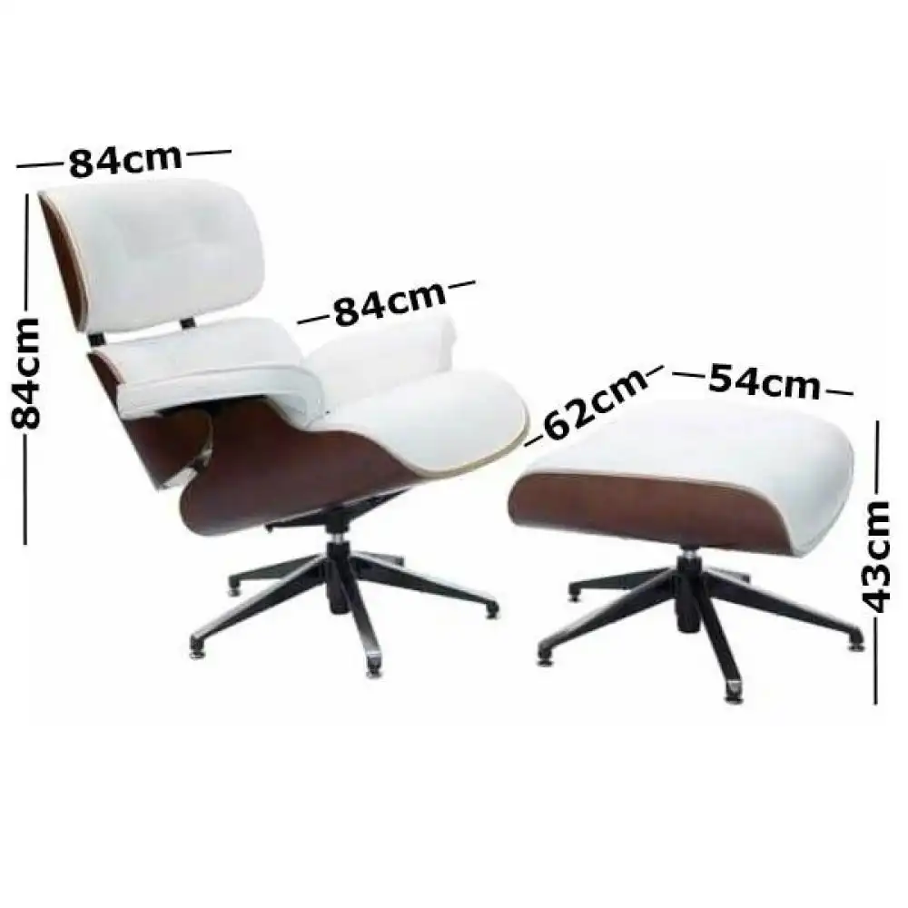 Eames Replica Lounge Chair & Ottoman - 5-Star Ottoman - Premium Leather - White