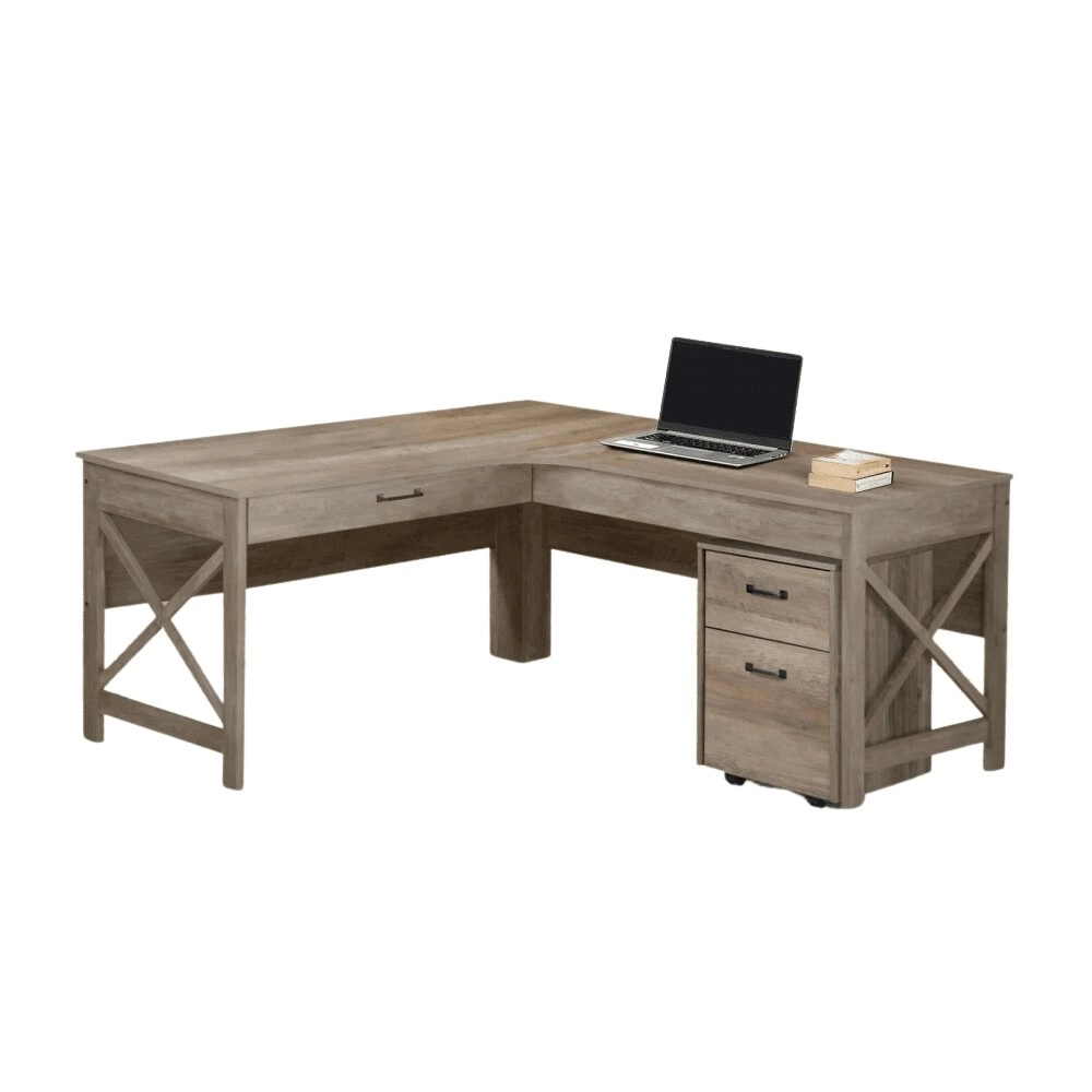 Maestro Furniture Andy L-Shaped Office Computer Manage Executive Working Desk W/ Mobile Pedestal - Rustic Oak