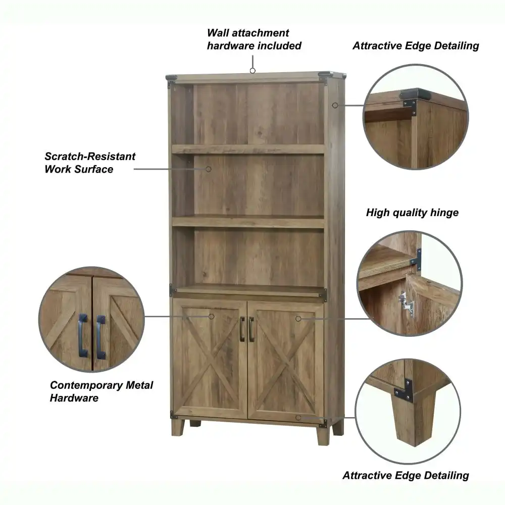 Maestro Furniture Cairo 5-Tier Bookcase Shelf Bookshelves Storage Cabinet W/ Doors- Rustic Oak