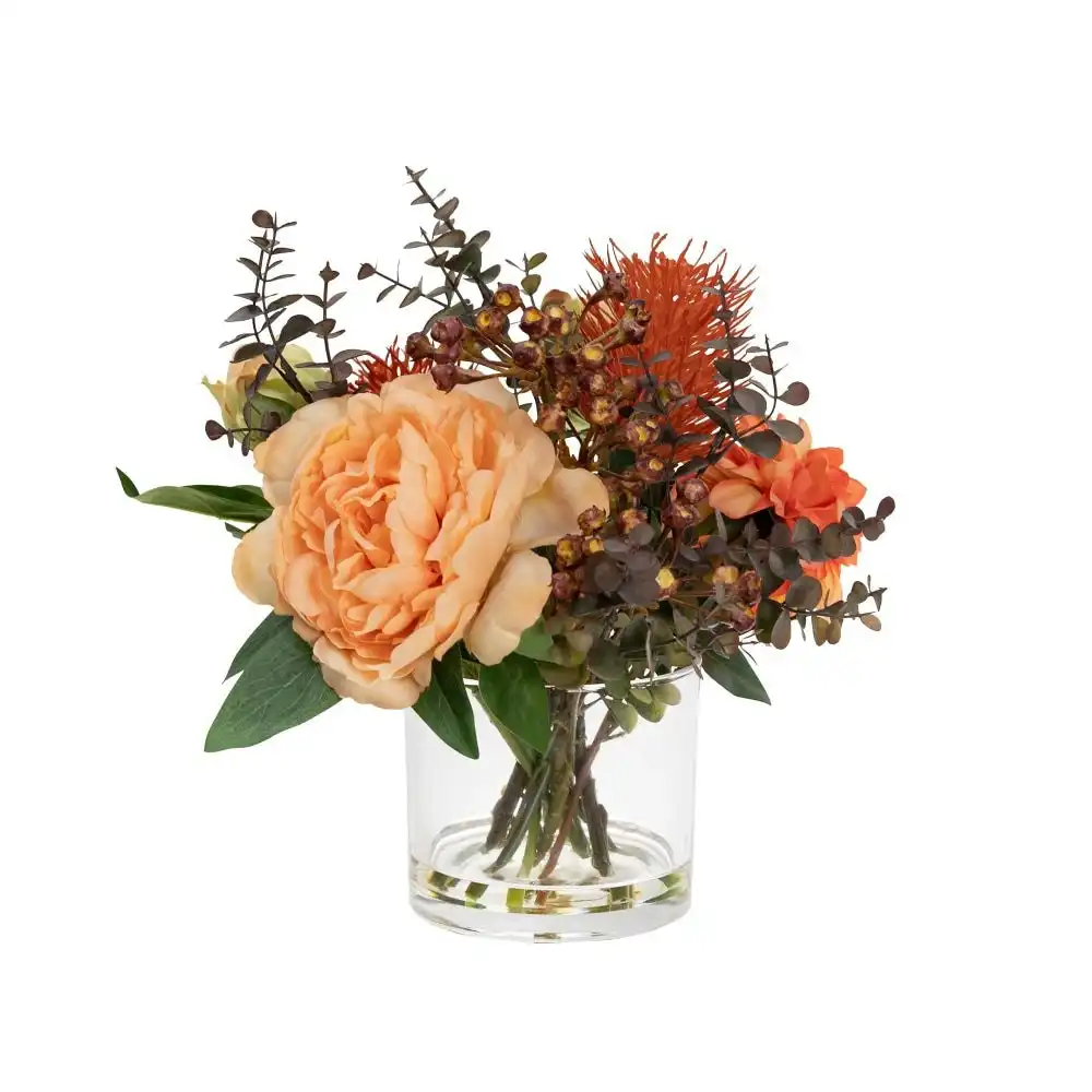 Glamorous Fusion Peony & Banksia 30cm Peach Artificial Faux Plant Flower Decorative Mixed Arrangement In Glass