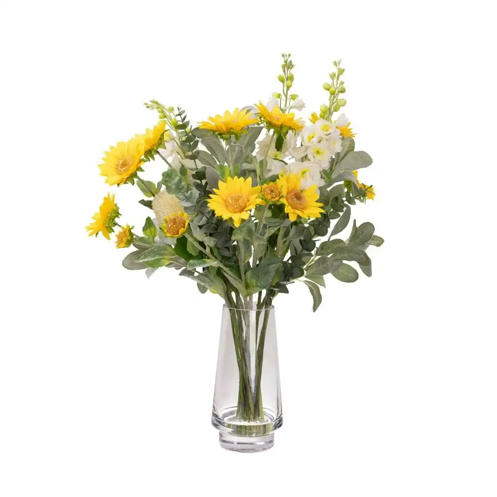 Glamorous Fusion Sunflower & Delphinium Artificial Faux Plant Flower Decorative Arrangement In Glass