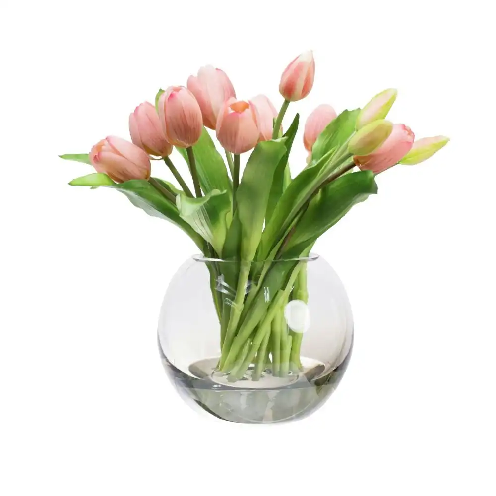 Glamorous Fusion Pink Tulip 29cm Artificial Faux Flower Plant Decorative Arrangement In Fishbowl