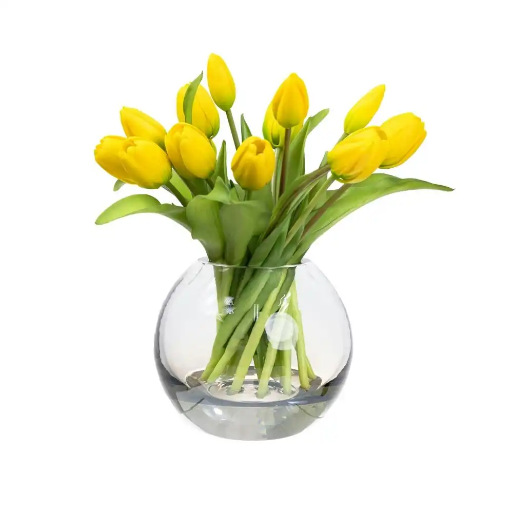 Glamorous Fusion Yellow Tulip Artificial Faux Flower Plant Decorative Arrangement In Fishbowl