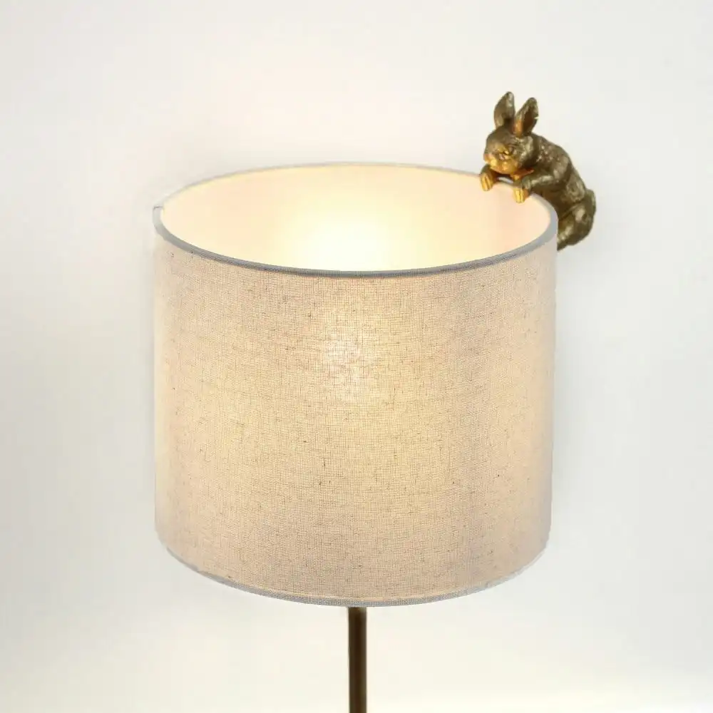 Everette Eclectic Accent Table Lamp Light with Two Rabbits Playing Fabric Shade - Gold and White